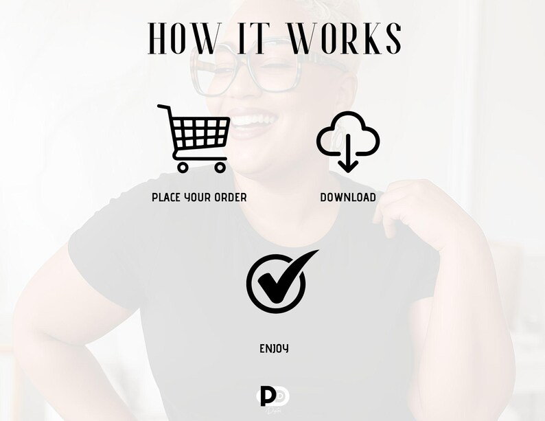 May include: How it works: Place your order, download, and enjoy. A black and white illustration of a shopping trolley, a cloud with a downward arrow, and a tick inside a circle.