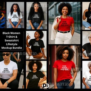 黒人女性向けTシャツ＆スウェットシャツライフスタイルモックアップバンドル｜ファッションデザイナーやPODデザイナー向けの高品質JPG素材22点、即時ダウンロード