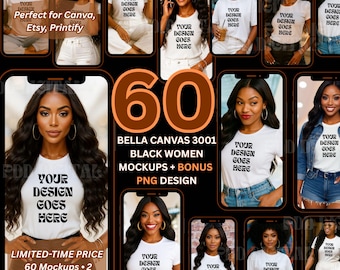 Bella Canvas 3001 T-Shirt Mockup Bundle: Black Women Models (60 JPEGs)