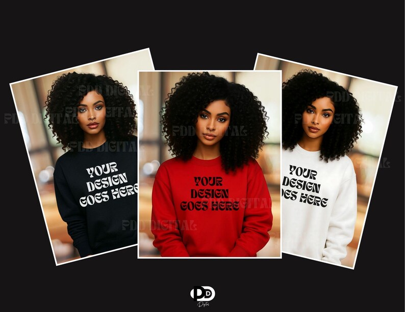 May include: Three women wearing sweatshirts with the text "Your Design Goes Here" in different colours: black, red and white.
