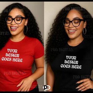 May include: Two women wearing black framed glasses and t-shirts with the text "Your Design Goes Here" printed on them. One shirt is red and the other is black.