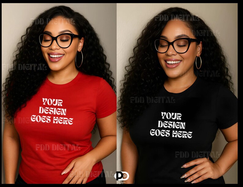 May include: Two women wearing black framed glasses and t-shirts with the text "Your Design Goes Here" printed on them. One shirt is red and the other is black.