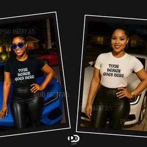 May include: Two women wearing black and white t-shirts with the text "Your Design Goes Here" on them. The women are standing in front of cars at night.