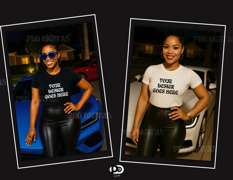 May include: Two women wearing black and white t-shirts with the text "Your Design Goes Here" on them. The women are standing in front of cars at night.