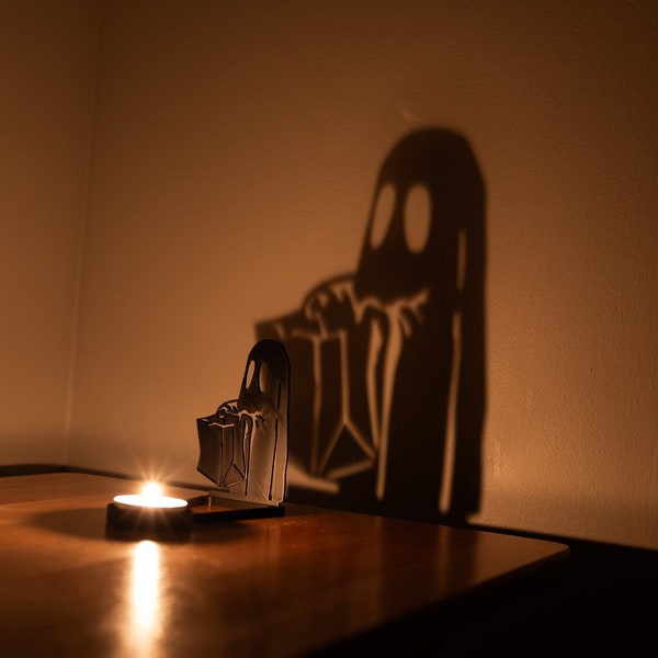 Trick or Treat Ghost Tealight Shadow Caster - Halloween Tea Light Holder - 3D Printed spooky shadow art