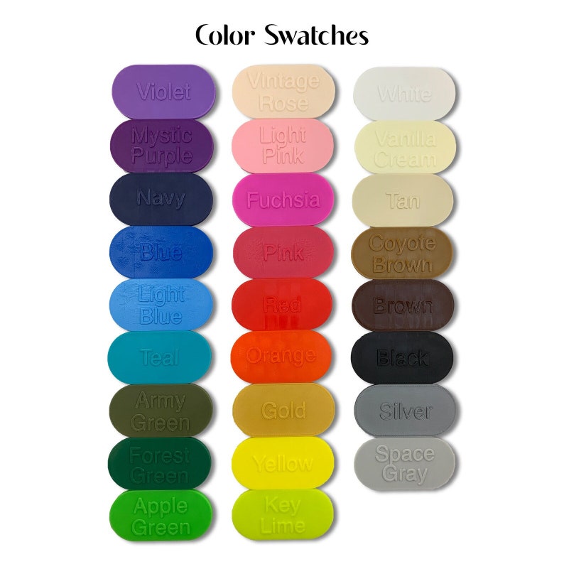 May include: Color swatches showing a variety of colors, including violet, vintage rose, white, mystic purple, light pink, vanilla cream, navy, fuchsia, tan, blue, pink, coyote brown, light blue, red, brown, teal, orange, black, army green, gold, silver, forest green, yellow, space gray, apple green, and key lime.