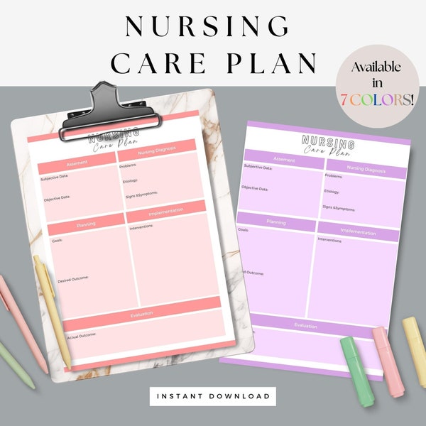 Nursing Student Essential Printable Care Plan Form INSTANT DOWNLOAD Nurse ADPIE Method Study Resource Guide, Fundamental School 7 Color Note
