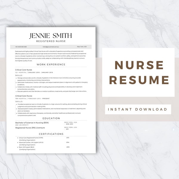 Minimalist Registered Nurse Resume Template 1 Page INSTANT DONWLOAD ATS Friendly Medical New Grad Nursing Student Rn Microsoft Word Editable