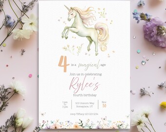 Wildflower Unicorn Birthday Party Invitation | Girls Birthday Invite | Editable Template | Instant Download WU01