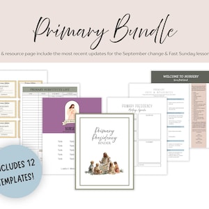 May include: A Primary Bundle digital document set featuring 12 templates including a Primary Presidency Binder, substitute lists, and resource pages. The designs include illustrations of figures, text headers, and organized layouts for scheduling and planning.