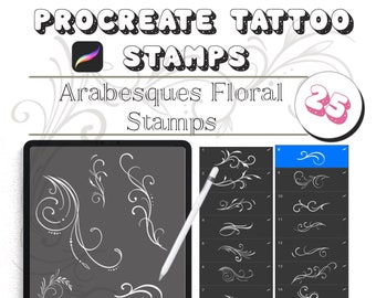 May include: A digital tablet screen displaying 25 white Procreate tattoo stamps with arabesque and floral designs. The text "Procreate Tattoo Stamps" and "Arabesques Floral Stamps" is displayed on the screen. The text "25" is displayed in a pink circle.