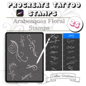 Peut inclure: Un écran de tablette numérique affichant 25 tampons de tatouage Procreate blancs avec des motifs arabesques et floraux. Le texte "Procreate Tattoo Stamps" et "Arabesques Floral Stamps" est affiché à l'écran. Le texte "25" est affiché dans un cercle rose.