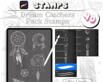 May include: A digital illustration of 40 Procreate tattoo stamps featuring dream catchers. The stamps are displayed on a digital tablet screen. The image also includes a close-up of the stamps, showing the different designs.