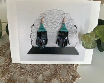 Art deco turquoise and black handwoven beaded earrings