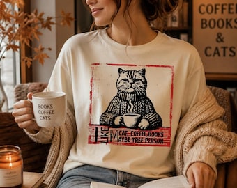 Vintage Cat Coffee Books Shirt, Book Lover Gift Tee, Cozy Reader Graphic Tshirt, Librarian Cat Lover Aesthetic Top