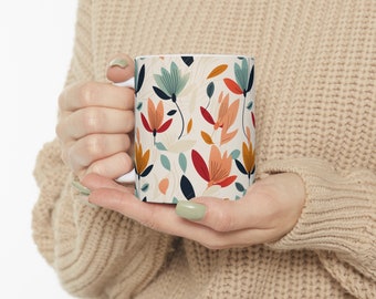 Artistic Floral Mug - Minimalist Artistic Stylized Mug, Colorful Flowers