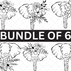 May include: A bundle of six black and white line art illustrations of elephants with floral accents. The elephants are facing forward with their trunks down. The flowers are stylised and include roses, daisies, and other blooms.