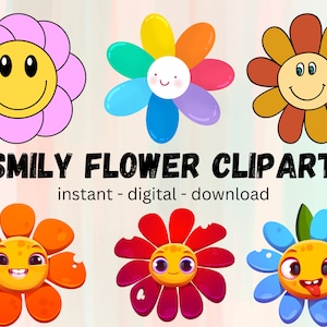 Watercolor Smiley Flowers Clipart, Retro Groovy Png, Smiley Flowers Png, Sublimation Png, Floral Clipart, Retro Shirt,Digital Png