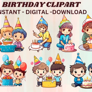 Happy Birthday Clipart, Kids Birthday Clipart Pack, Birthday party clipart ,  Birthday cake clipart , Birthday Illustrations