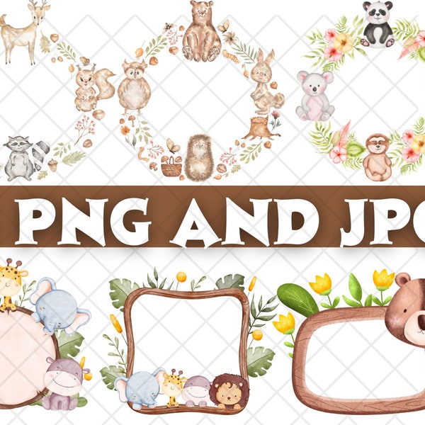 Safari Animals Watercolor Wreath\ Jungle Frame Png\ 4 Designs\ Nursery Decor\ Baby Shower\ Digital Download