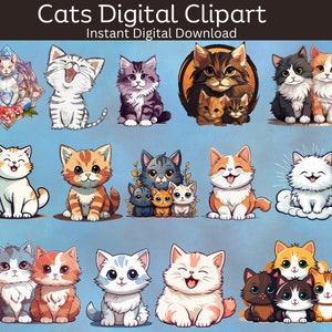 Cats Digital Clipart , Cats Png , Cats Watercolor Clipart,  Cats Clipart PNG , Cats digital download, Watercolor Cat, Digital Download