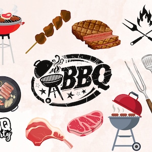 Barbecue Digital Clipart , BBQ, Hamburger, Hot Dog, Lemonade , Backyard BBQ Clipart , Grill Party Food , Instant Download