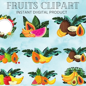 Watercolor Fruits Clipart | Cute Fruits Clipart |  Tropical Fruits Clipart |  Healthy food clipart |  Colorful Fruits Clipart