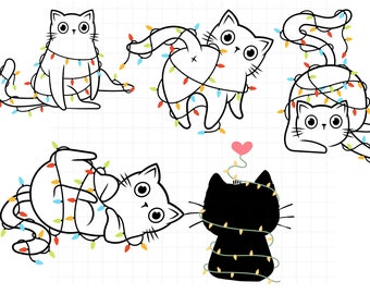 Merry Cat svg, Christmas cat svg, Cute Christmas kitty Silhouette, Merry Christmas Lights Digital files