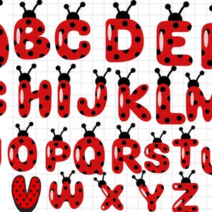 Alfabeto de mariquita SVG\ DXF\ Letras\ Fuente\ Números\ Archivo de corte de cumpleaños\ Paquete\ Niños\ Capas\ PNG\ Clipart\ Vinilo\ Cricut\ Descarga instantánea