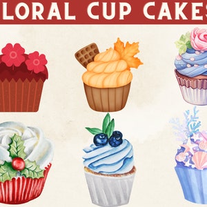 Watercolor Floral Cupcakes Clipart, Watercolor Cake, Dessert Clipart, Floral Cupcakes, Cupcakes Png, Sweets Clip art, Digital PNG