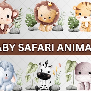 Safari Baby Animals Watercolor Clipart\ Cute Baby Shower Nursery Decor\ Birthday Baby Monkey Lion Giraffe Zebra Elephant PNG SVG Download