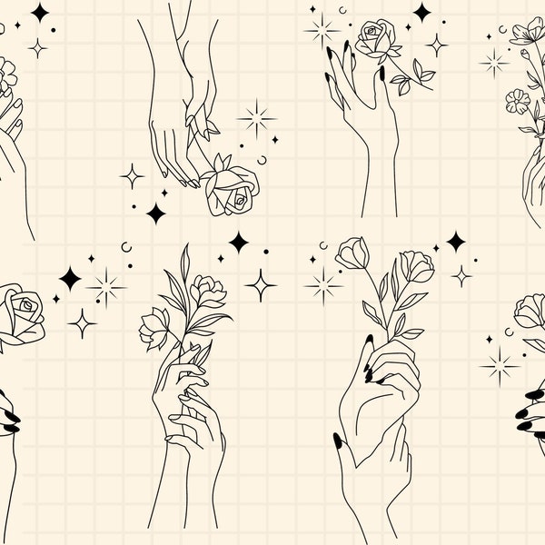 Floral Mujer Manos Svg\ Tomando la mano Svg\ Flores silvestres Svg\ Pareja mano Svg\ Mano Clipart\ Manos Line Art\ Manos con flores Svg\ Png\ Dxf