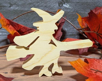Recorte de bruja de madera sin terminar. Figura de Halloween independiente. Bruja de madera para pintar. Letrero para puerta DIY. Decoración otoñal espeluznante para bandejas.