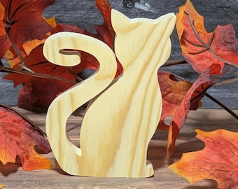 Recorte de gato de madera sin terminar. Figura de Halloween de pie. Gato de madera para pintar. Letrero para puerta DIY. Decoración espeluznante para bandejas. Memorial para gatos DIY.