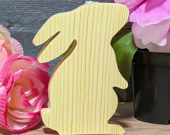 Recorte de conejito de madera sin terminar. Figura de Pascua de pie. Conejo de madera en blanco para pintar. Decoración rústica de granja. Letrero de primavera para puerta DIY.
