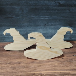 3 Unfinished wood witch hat cutouts. Standing wooden witch hat shape. Halloween cutout. DIY tier tray. Unpainted Halloween wood craft blank