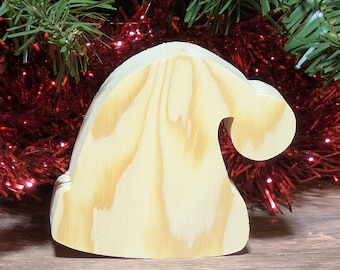 Recorte de sombrero de duende de madera sin terminar. Figura navideña de pie. Adorno de gorro de Papá Noel de madera. Decoración navideña rústica. Letrero navideño DIY.