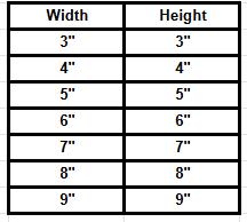 May include: A table showing measurements in inches. The width and height measurements range from 7.6 cm to 22.9 cm. Each measurement is displayed in a black box with a white background.