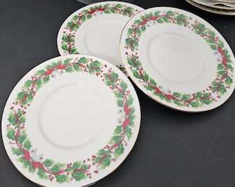 Lot of 4 Sango Christmas Holly 8415 Red Ribbon & Bells Flat Cup and Saucer Sets