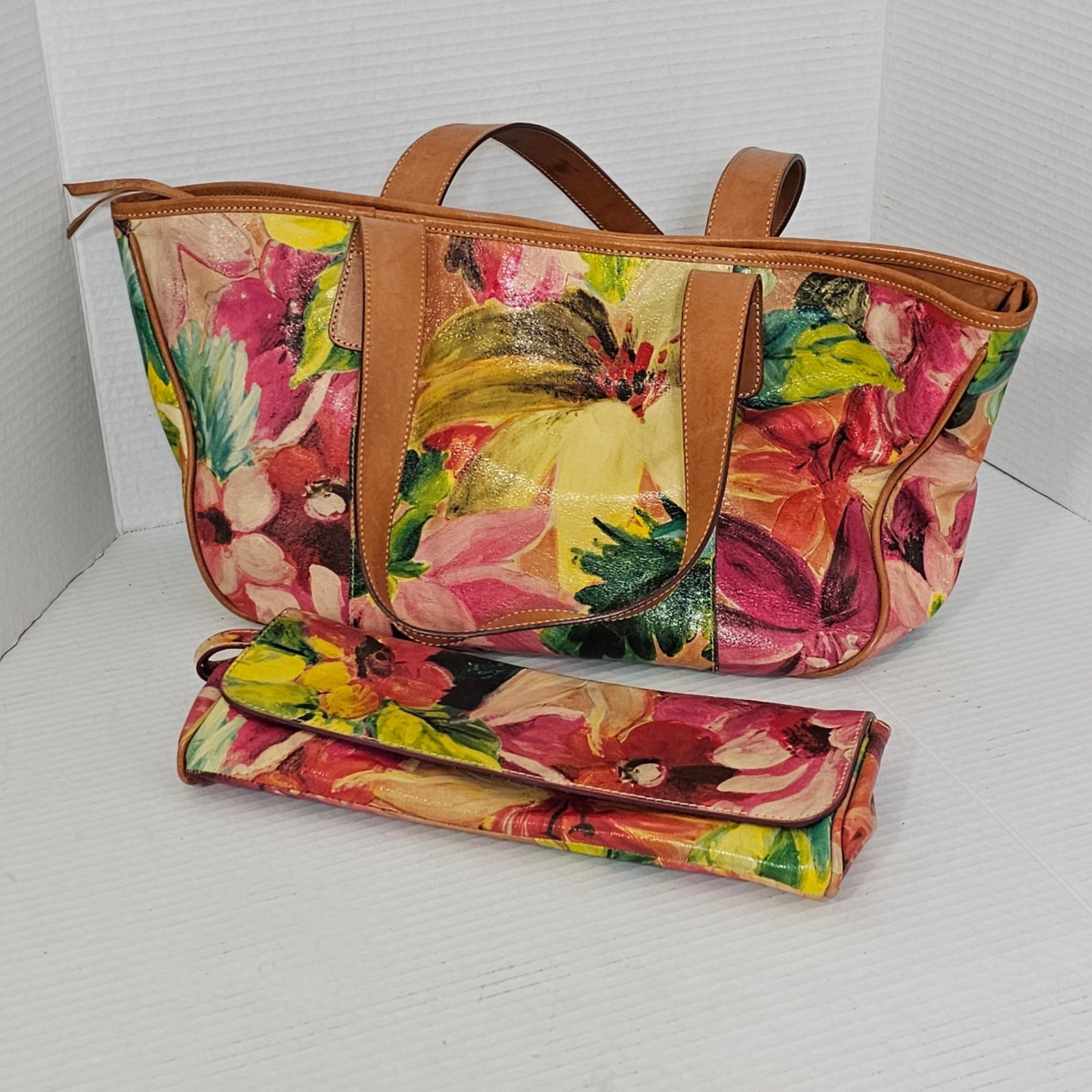 Maurizio Taiuti Italy Floral Purse Tote Handbag Genuine Leather 