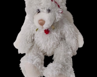 Primer y principal oso ángel de peluche de 8 pulgadas con alas y detalles en rosa rosa. Osito de peluche blanco.