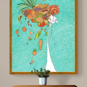 May include: A framed illustration of a stylized floral arrangement with a variety of fruits and vegetables in shades of orange, yellow, green, and red on a turquoise background.