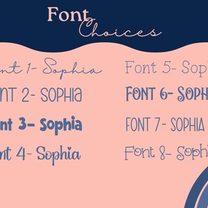 May include: A graphic showing eight different font styles for the name Sophia. The fonts are displayed in blue on a pink background.