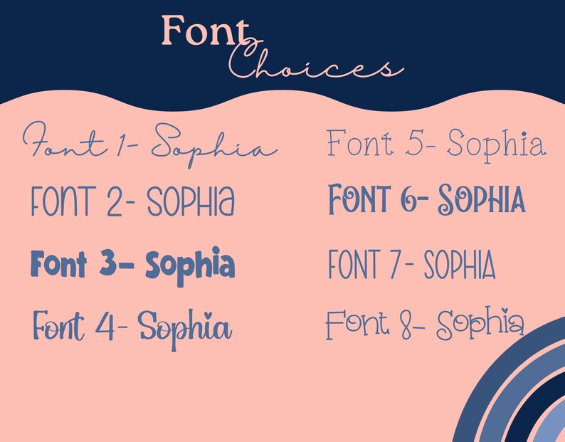 May include: A graphic showing eight different font styles for the name Sophia. The fonts are displayed in blue on a pink background.