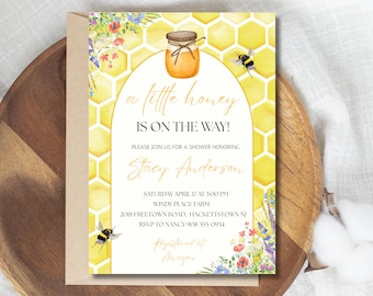 A Little Honey Is On The Way Baby Shower Invitation, Honey Baby Shower Invite, Editable Canva Template