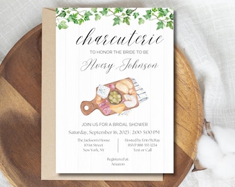 Charcuterie Bridal Shower Invitation, Editable Canva Template