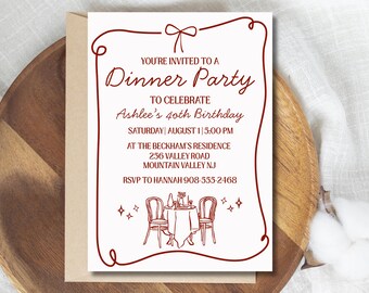 Hand Drawn Dinner Party Invitation, Red Bow Dinner Party Invite, Editable Canva Template