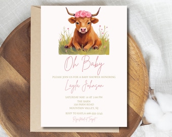 Highland Cow Baby Shower Invitation, Editable Canva Template, Oh Baby Girl Baby Shower Invite