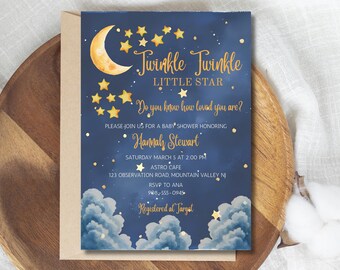 Twinkle Twinkle Little Star Baby Shower Invitation, Navy Blue Stars Baby Shower Invitation, Printable Invite, Canva Template