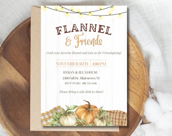 Flannel and Friends Invitation, Friendsgiving Invite, Editable Canva Template